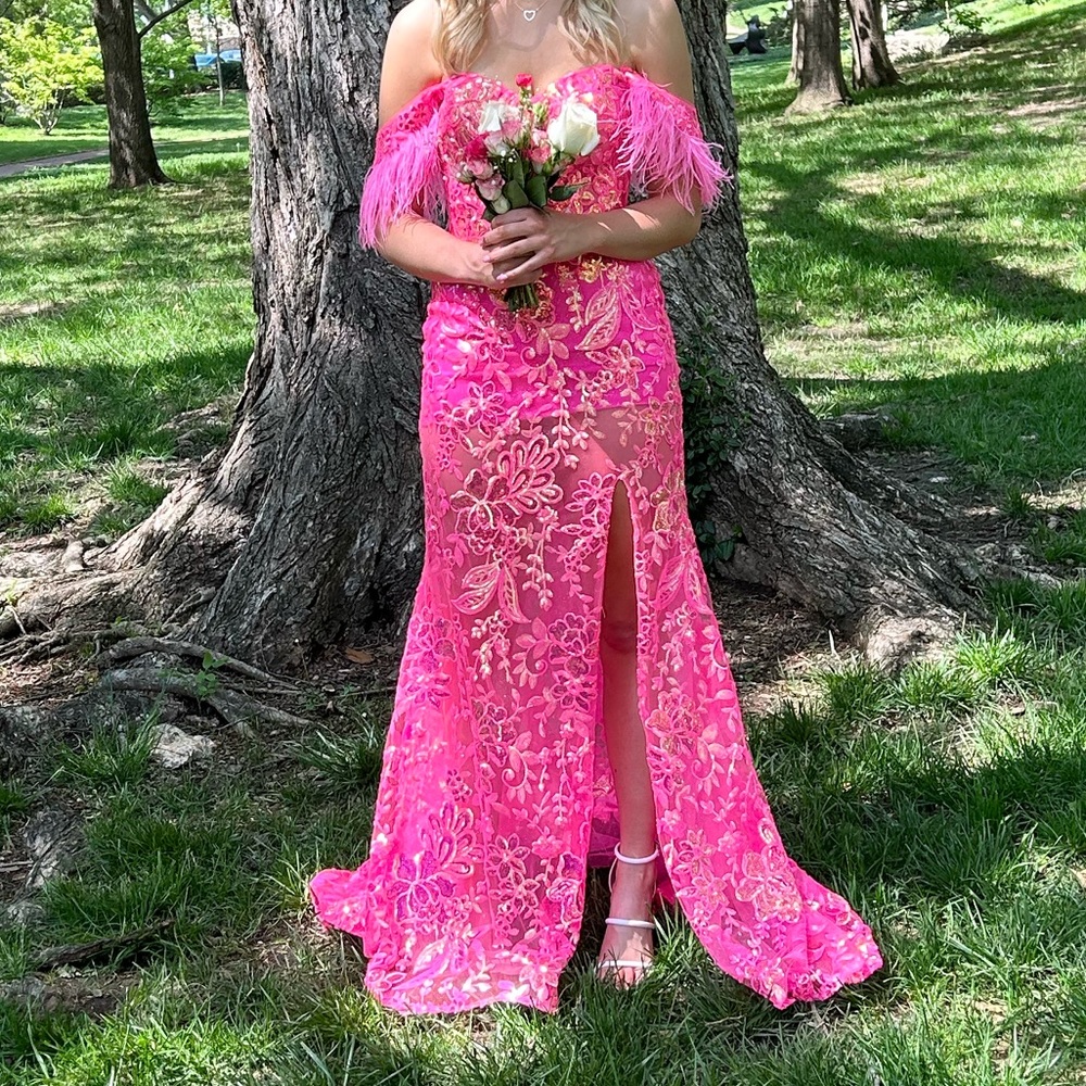 Ellie Wilde EW34034 Pink Feather Prom Dress